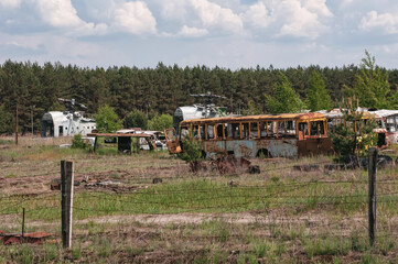 Vehicles Rosocha in Pripyat, Chernobyl exclusion Zone. Chernobyl Nuclear Power Plant Zone of...