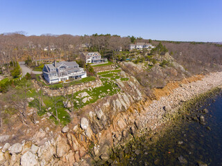 Historic coastal buildings aerial view on Gloucester Harbor in village of Magnolia in Gloucester,...