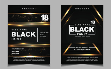 Night dance party music layout design template background with elegant black and gold style . Luxury electro style vector for concert disco, club party, event flyer invitation, cover festival poster