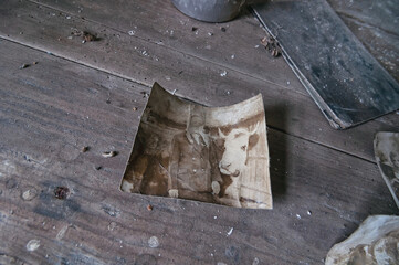 Country village houses old photography in Pripyat, Chernobyl exclusion Zone. Chernobyl Nuclear Power Plant Zone of Alienation in Ukraine