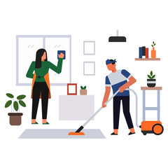 couple cleaning the house together