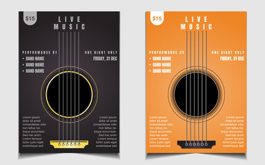 Live music cover poster background design template with a guitar acoustic shapes illustration. Vector banner layout for promo club invitation concert event, festival flyer, jazz blues musician band, 