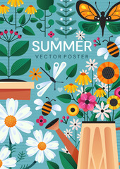 Summer poster design with colorful garden flowers, a watering can and insects over a blue background, colored vector illustration © 100% HAND-CRAFTED