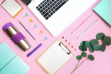 School supplies flatlay on pink background. Back to school. School 2020. School banner with planner, book, clips, pen, stars, binder clips. Space for text. Place for text. Business banner background
