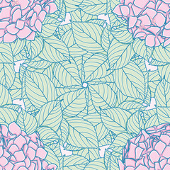 Outlined Hydrangea vector background pattern. Cartoon Hortensia flowers and leaf seamless illustration.