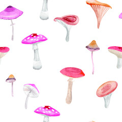 Mushrooms. Hand drawn watercolor painting on white background. Vector pattern - 366806513