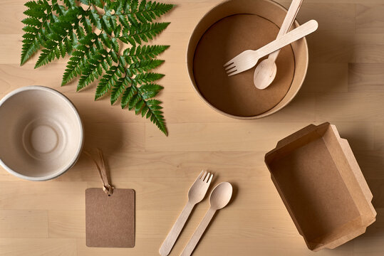 Top view of recyclable carton food package and wooden fork and knife placed on table with fern leaf