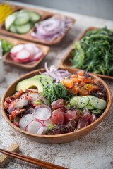 deluxe poke bowl with tuna, octopus and salmon