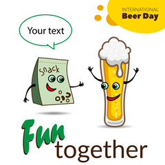 Funny Cartoon Vector Illustration About Beer And Life. International Beer Day. Glass of Beer and Sausage.