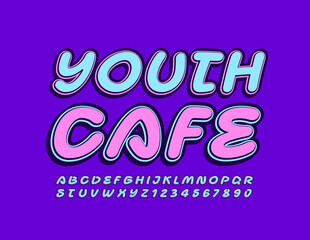 Vector bright banner Youth Cafe. Creative Trendy Font. Artistic Alphabet Letters and Numbers set