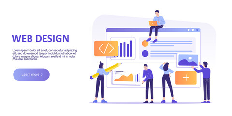 Web design and development concept. Developer team designing and creating a website. Landing page template. Modern isolated vector illustration for web banner