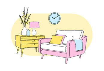 Scandinavian style interior outline flat vector illustration fragment. Modern armchair, chest of drawers with a vase of gladiolus, lamp in retro style. Wall clock.