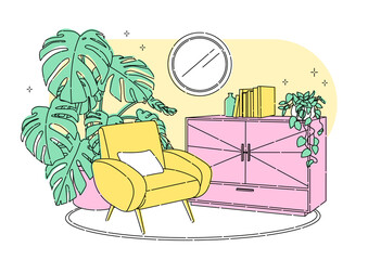 Scandinavian style interior flat outline vector fragment illustration. Armchair with a pillow, books on the dresser. Monstera plant, round mirror on the wall.