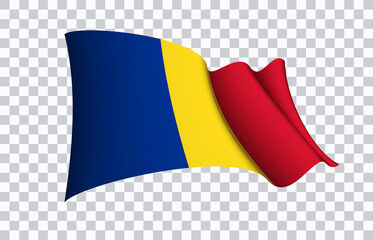 Romania flag state symbol isolated on background national banner. Greeting card National Independence Day of the Republic of Romania. Illustration banner with realistic state flag.