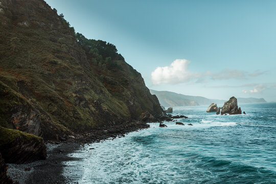 Scenery view of ocean with pure water and waves forming foam while touching hillside covered with plants and grass in daylight