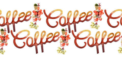 Watercolor seamless border with coffee attributes and coffee