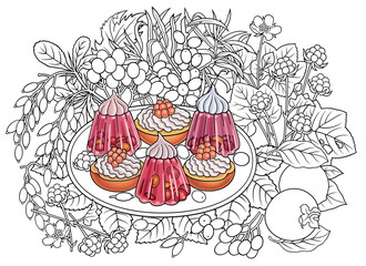 Sweets, berries, fruits hand drawn illustration