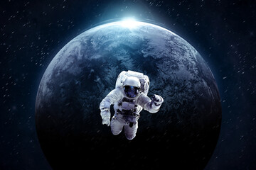 Obraz na płótnie Canvas Astronaut in the outer space near surface of planet Earth. Spaceman. Elements of this image furnished by NASA 