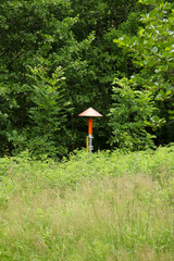 Red marker for an underground natural gas pipe placed on a meadow with green grass and a forest background.