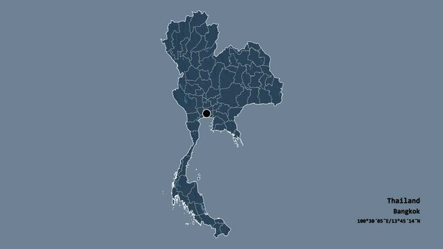 Yasothon, province of Thailand, with its capital, localized, outlined and zoomed with informative overlays on a administrative map in the Stereographic projection. Animation 3D