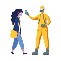 man with protective suit checking woman temperature vector design