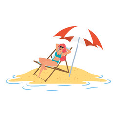 young woman relaxing on the beach seated in chair and umbrella