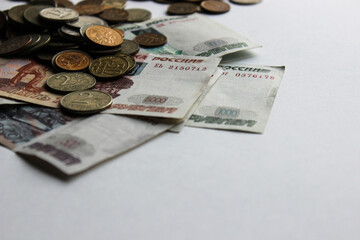 Russia money background. Heap of rubble banknotes. Currency top view. Money background with close up of russian Ruble
A lot of Russian rubles. Iron money. Finance, business, investment concept.