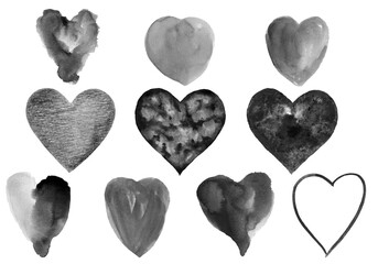 Set of watercolor black hearts. Gloomy dark hand-drawn heart shapes on white background isolated. Gothic romantic design elements