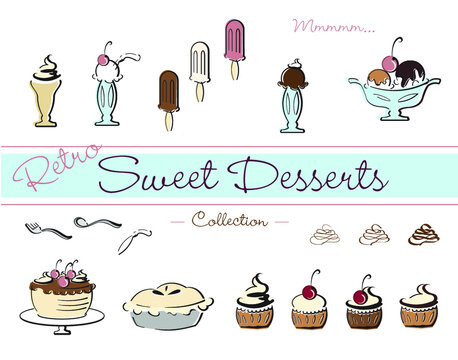 Retro Set of Sweet Desserts and Ice Cream