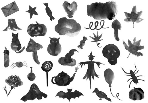 Watercolor set of halloween design elements. Big collection of hand drawn black ink objects for decoration. Scary characters and symbols for party