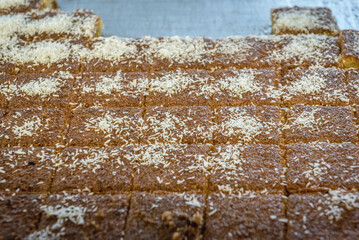 Close up on a plate with type of Arabic sweets in sweet shop in Lebanon