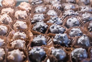 Close up on a plate with type of chocolate cakes in sweet shop in Lebanon