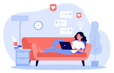 Beautiful woman relaxing at sofa with laptop computer flat illustration. Young girl staying at home and chatting with friends via digital device. Digital technology and entertainment concept.