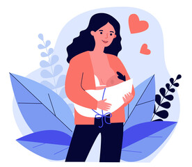 Happy cartoon mom breastfeeding baby flat illustration. Young mother giving milk to infant. Natural feeding via breast. Healthy nutrition, motherhood and parenting concept