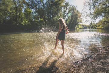child, river, water, splash, sun and summer time