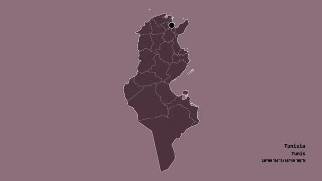 Ariana, governorate of Tunisia, with its capital, localized, outlined and zoomed with informative overlays on a administrative map in the Stereographic projection. Animation 3D