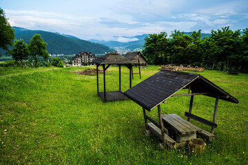 Landscape with rustic constructions for picnic and recreation
