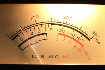 An analog meter display on a vintage electronic device
