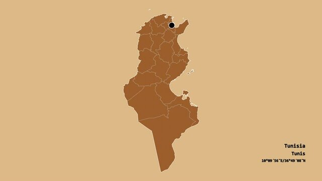 Ariana, governorate of Tunisia, with its capital, localized, outlined and zoomed with informative overlays on a solid patterned map in the Stereographic projection. Animation 3D