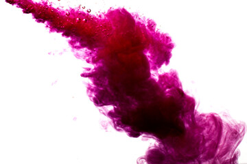 A cloud of red paint is released into the clear water. Isolate on a white background.