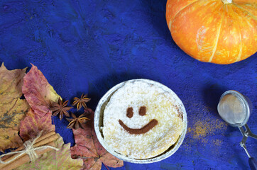 coffee cookies and spices on dark blue background. stylish winter or autumn flat lay. space for text. cozy mood autumn. seasonal holidays concept. blogger.