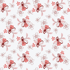 Vector abstract floral seamless pattern. Simple background texture with cute hand drawn flowers, leaves. Red, pink, brown, white color. Doodle style sketch illustration. Modern repeat design