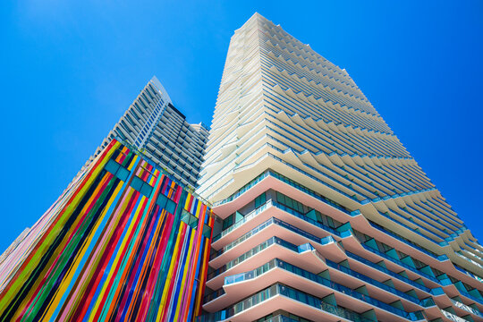 The modern and colorful architecture of the luxury SLS Brickell Hotel and Residences in the popular downtown Brickell area in Miami, Florida.