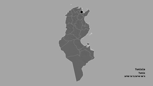 Bizerte, governorate of Tunisia, with its capital, localized, outlined and zoomed with informative overlays on a bilevel map in the Stereographic projection. Animation 3D