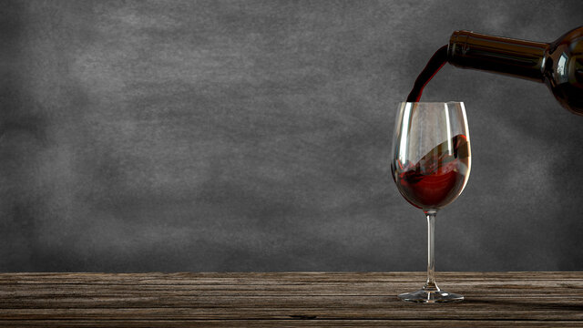 Vin rouge versé d'une bouteille dans un verre à vin sur une table en vieux bois. Tableau en fond. Rendu 3D
