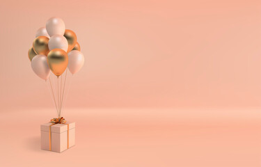 Vector illustration of realistic balloons and gift box with bow on beige background. Empty space for party, promotion social media banners, posters. © Meranna