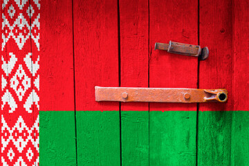 Flag of Belarus is on texture. Template. Coronavirus pandemic. Countries are closed. Locks.