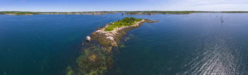 Ten Pound Island Lighthouse on Ten Pound Island aerial view panorama, Gloucester, Cape Ann,...