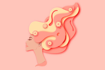 Vector paper portrait of young beautiful woman with long wavy hair with palm leaves, flowers, clouds. Modern paper layered art. Origami style.