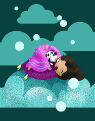 a cute little girl has fallen asleep in the clouds and is hugging a Panda. ideal for printing book images, covers, and postcard flyers. EPS 10 © Азиза Сейфутдинова